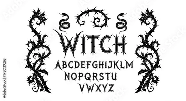 Obraz Gothic alphabet font with thorny vines and snake elements, suitable for halloween or witchcraft themes