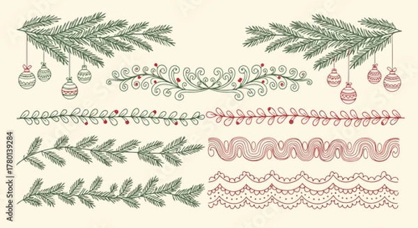 Fototapeta Festive collection of handdrawn christmas and winter holiday decorative borders and elements, including pine branches, ornaments, and lacelike patterns