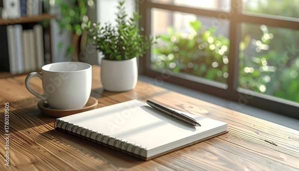 Fototapeta Morning Workspace - Coffee, Notepad, and Greenery by the Window.