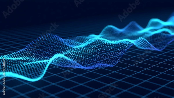 Fototapeta Floating hologram codes over a glowing blue grid show futuristic real-time data visualization in a clean, minimal tech style.