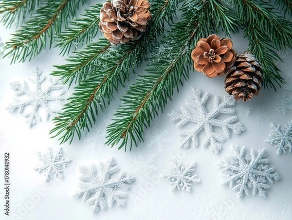 Fototapeta Brown rabbit with snow-covered fur gazing curiously at Christmas tree with red and golden New Year decorations, high-resolution festive scene for greeting cards, social media, and winter-themed design