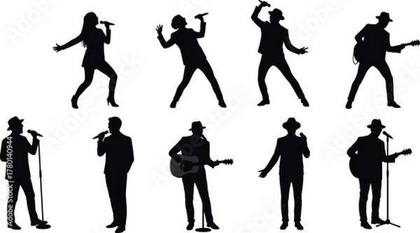 Obraz Silhouettes of Musicians Performing with Microphones and Guitars in Dynamic Poses for Concert, Music, and Entertainment Themes