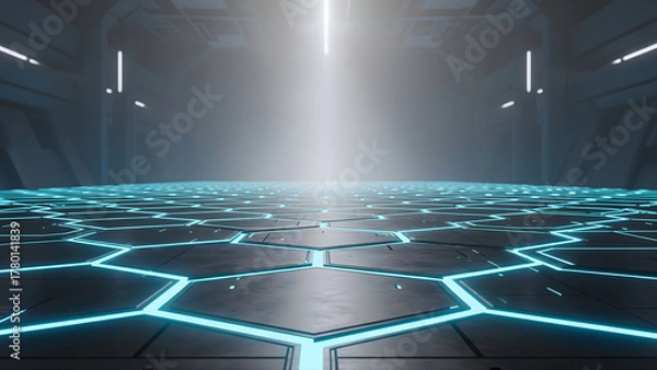 Fototapeta Particle data flows through a futuristic digital matrix, showing fast transmission and deep perspective.