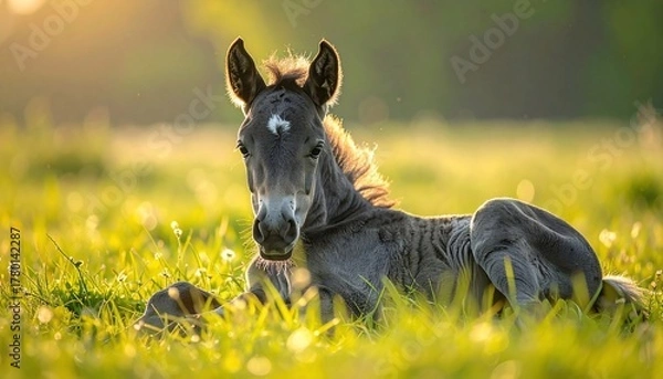 Fototapeta A serene portrait of a foal resting in a meadow bathed in golden sunlight