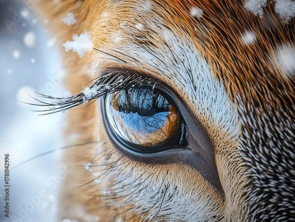 Fototapeta Hyper-realistic deer eye close-up in snowy forest, glass-like reflection and long eyelashes. Isolated on white, ideal for nature education, wildlife conservation, greeting cards, and digital projects.