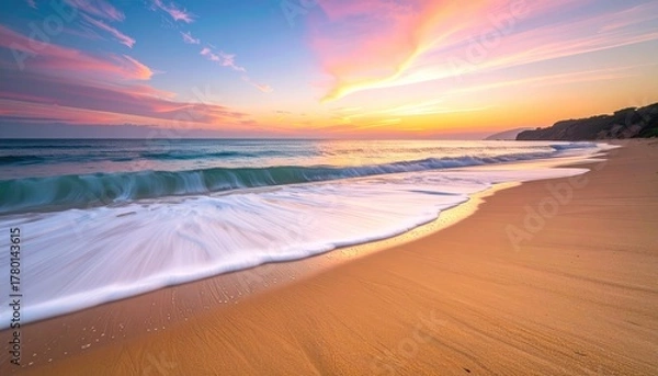 Obraz Golden Sandy Beach With Gentle Waves Under A Vibrant Pink Orange Sunset Sky With Silhouetted Hills In The Distance Overlooking The Ocean