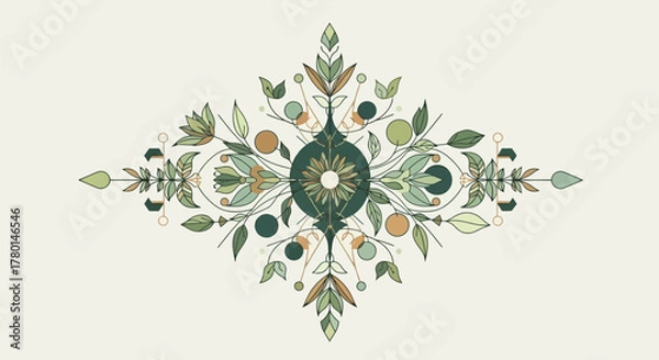 Fototapeta A symmetrical botanical illustration featuring intricate leaves, berries, and abstract floral elements in a decorative diamond shape, rendered in muted natural tones.