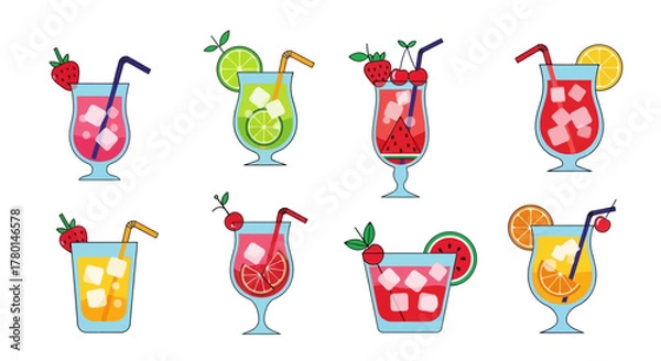 Fototapeta Colorful vector illustration of various summer cocktails with fruit garnishes and straws, isolated on white background.