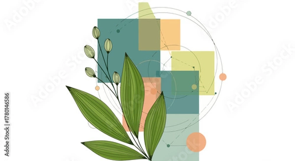 Fototapeta Elegant botanical illustration with green leaves against abstract geometric shapes and lines on a white background.