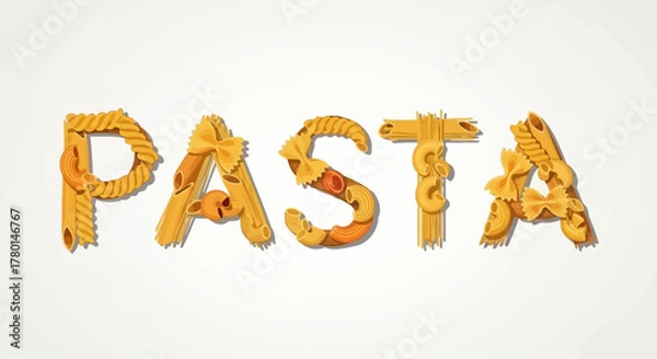 Fototapeta The word PASTA spelled out with an assortment of different dry pasta shapes on a white background.