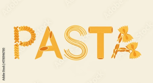 Fototapeta The word PASTA creatively spelled out using an assortment of different pasta shapes and types on a minimalist, light beige background.