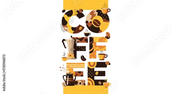 Fototapeta A creative typographic illustration of the word COFFEE composed of various coffee-related elements and patterns.