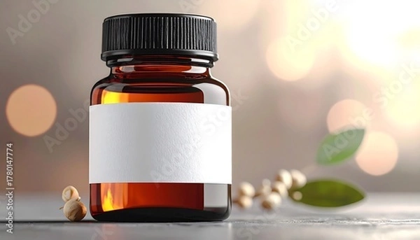 Fototapeta Amber Bottle with Blank Label for Supplements or Medications.
