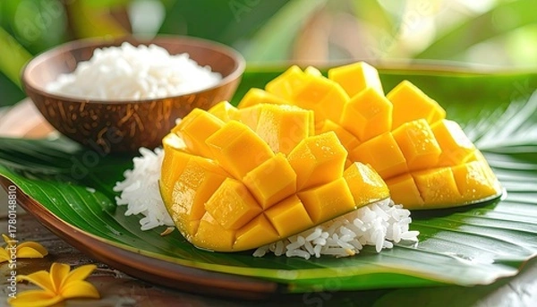 Obraz Ripe Mango Slices Served With Steamed White Sticky Rice On A Green Leaf Platter In Natural Sunlight