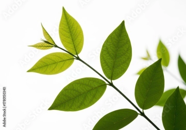 Obraz Vibrant green leaves on a branch isolated on white background