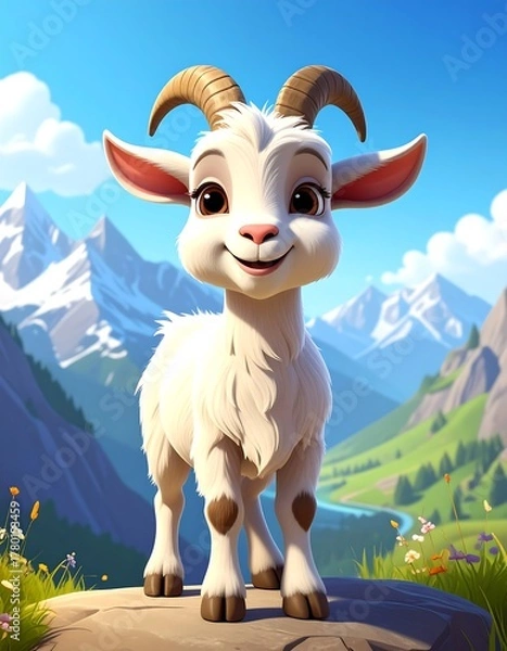 Fototapeta Charming Cartoon Goat Portrait in a Mountain Landscape.