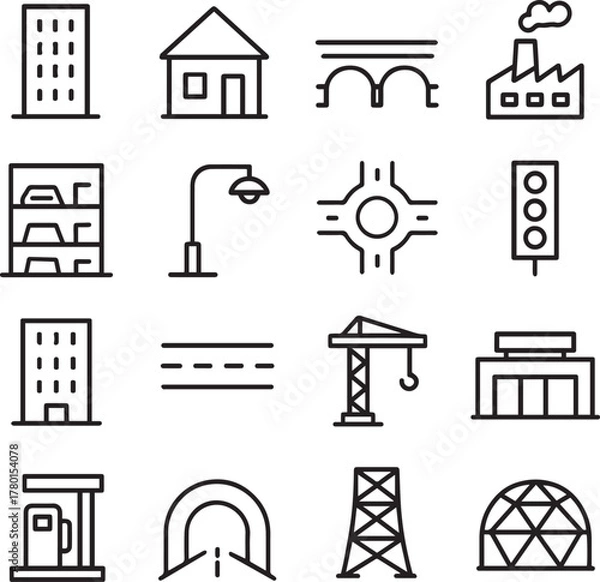 Obraz Vector monochrome line icon set about infrastructure