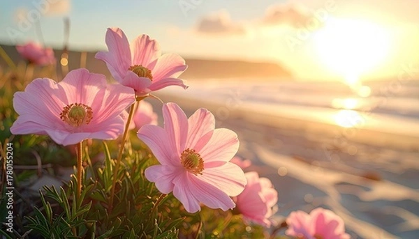 Fototapeta Close up of delicate pink cosmos flowers in soft focus against a blurred beach sunset with golden light reflecting on the water creating a serene and peaceful atmosphere