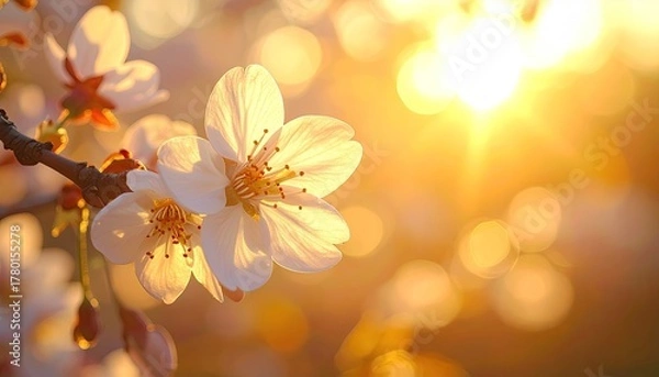 Fototapeta Close up of delicate white cherry blossoms illuminated by a warm golden sunset creating a soft bokeh background in spring