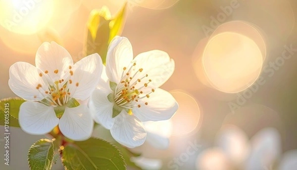 Fototapeta Close up of delicate white cherry blossoms with vibrant golden hour sunlight creating a soft bokeh effect in the background perfect for spring and nature themes