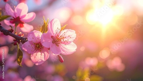 Fototapeta Close up of vibrant pink cherry blossoms with soft golden sunlight filtering through the branches creating a warm dreamy atmosphere during springtime.