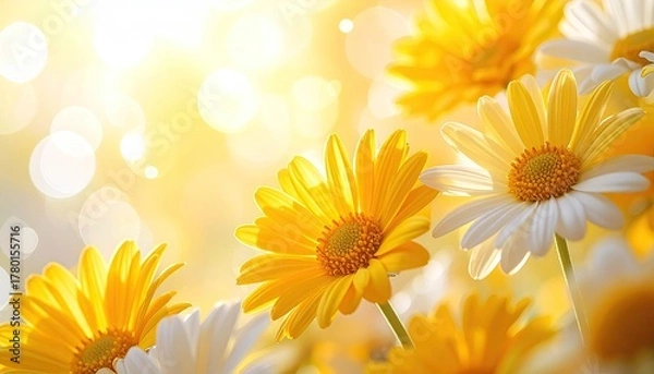 Fototapeta Close up of vibrant yellow and white daisies with soft bokeh background and warm sunlight illuminating the petals, capturing a bright and cheerful spring atmosphere