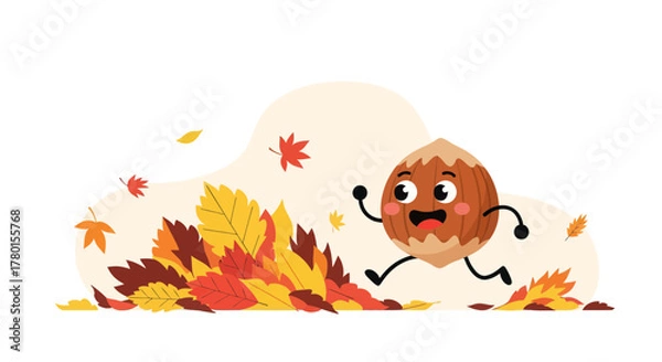 Obraz A Cheerful Hazelnut Character Enjoying An Autumn Day In The Leafy Outdoors