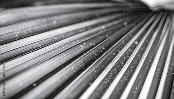 Fototapeta Close up of water droplets on a palm leaf in black and white showcasing intricate natural textures and patterns with soft lighting detail