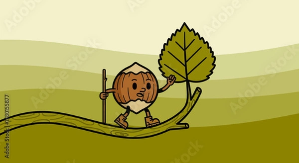 Obraz A Cheerful Hazelnut Walking Along a Branch with a Leaf in a Playful Cartoon