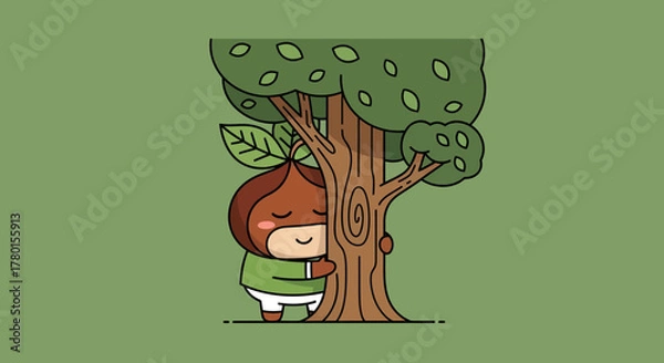 Obraz A Cheerful Mascot Embraces a Tree, Manifesting A Feeling of Joyful Connection.