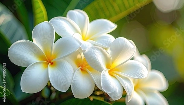 Fototapeta Close Up Of White Plumeria Flowers With Yellow Centers And Green Leaves In Soft Sunlight