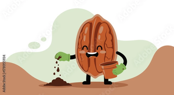 Obraz A Cheerful Nut Character Planting Seeds in a Garden with a Happy Expression