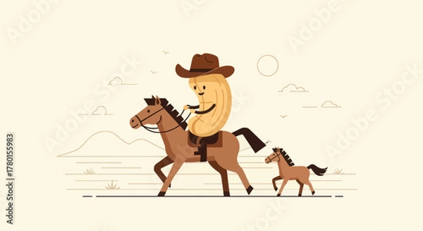 Obraz A Cheerful Peanut Cowboy Rides a Horse in the Desert with a Colt Under the Sun