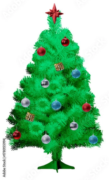 Fototapeta Green Christmas tree decorated with colorful ornaments and star topper isolated on white background with clipping path. Festive holiday decoration symbolizing joy and celebration PNG File.