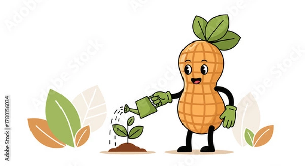 Obraz A Cheerful Peanut Character Watering A Young Plant In An Illustrative And Friendly Design