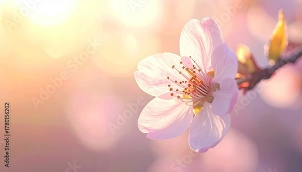 Fototapeta Delicate pink cherry blossom flower bathed in warm golden sunlight with soft bokeh background during springtime a symbol of renewal and beauty