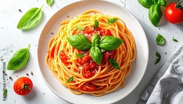 Fototapeta Delicious Spaghetti With Tomato Sauce And Fresh Basil Garnish Top View Overhead Shot On White Table With Scattered Cherry Tomatoes And Green Leaves