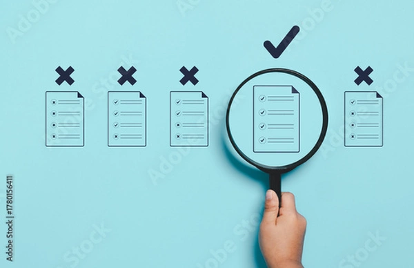 Fototapeta Quality Certificate and Checklist document inspecting target marketing planning assignment with quality management. Standardization, certification. Compliance to regulations service and standards.