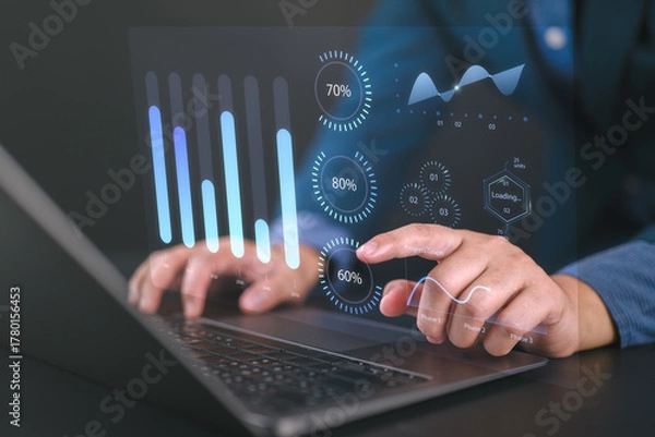 Fototapeta Finance and return on investment concept. Businessman touching on a virtual screen of data and charts, investments analysis in assets and financial growth graphs, business strategy analysis.