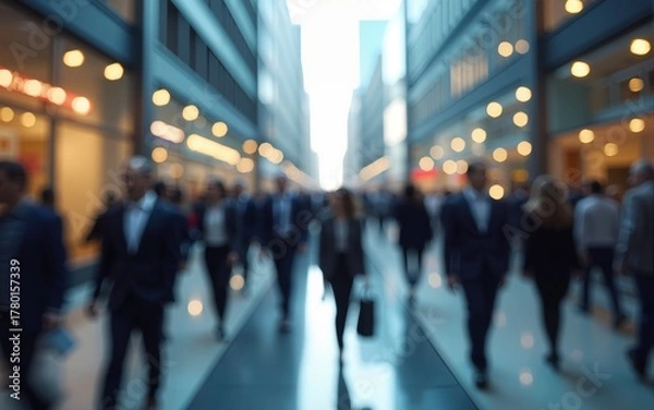 Fototapeta abstract motion blur image of business people crowd walking at corporate office in city downtown, blurred background, business center concept, Cinematic color tone, Generative AI. High quality