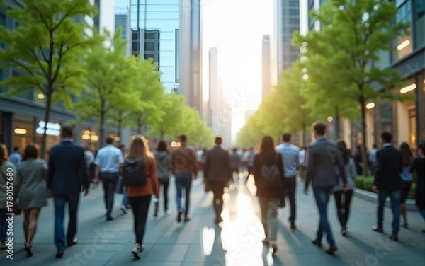 Fototapeta The concept of sustainability in business centers, crowds of business people walking at a corporate office in a green city downtown, abstract motion blur image with blurred background. High quality
