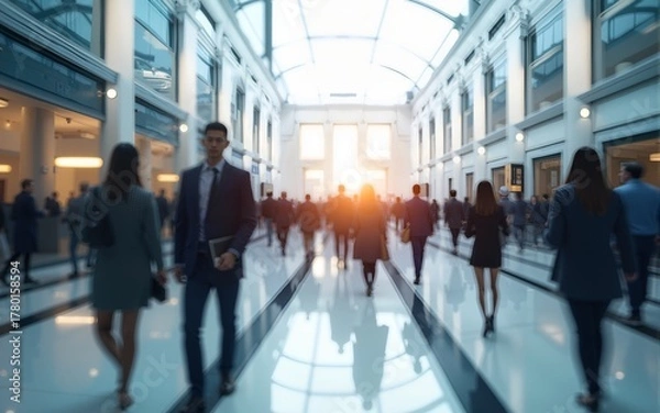 Fototapeta Generative AI. motion blur image of business people crowd walking at corporate office in city downtown, blurred background, business center concept, white color tone. High quality. High quality