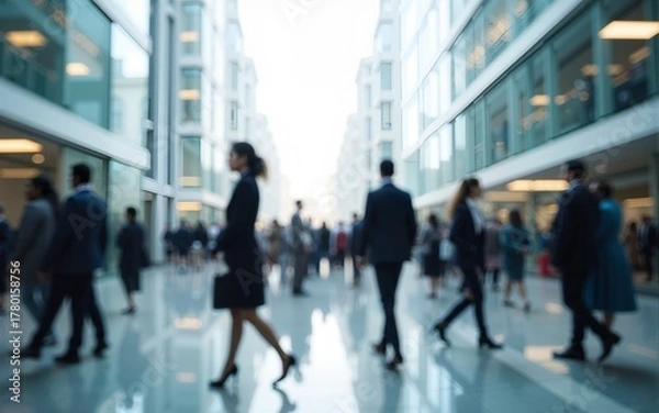 Fototapeta Generative AI. motion blur image of business people crowd walking at corporate office in city downtown, blurred background, business center concept, white color tone. High quality. High quality