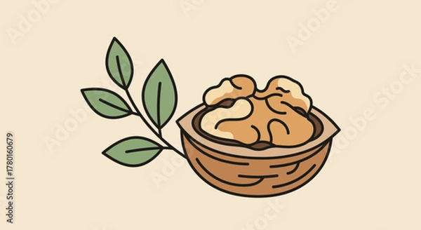 Obraz A Simple Walnut Illustration With Green Leafy Sprig On Beige Background