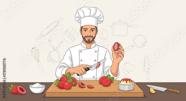 Obraz A Smiling Chef Preparing Fresh Ingredients For A Delicious Dish in The Kitchen