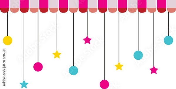 Fototapeta Colorful hanging decorations with stars and balls under a striped canopy design. Perfect for party invitations, festive borders, celebration backgrounds, or event graphics.