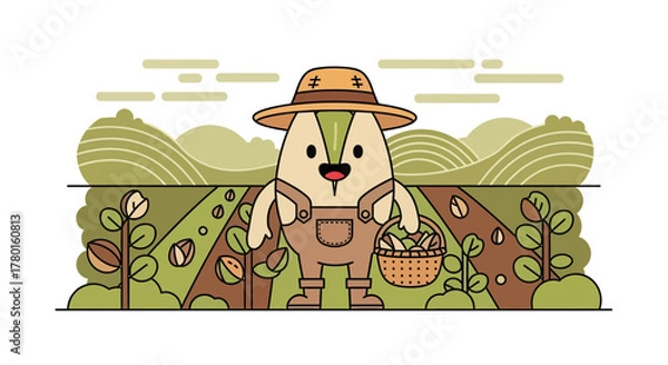 Obraz A Smiling Farmer Character Harvesting Crops in a Whimsical Cartoon Field Setting