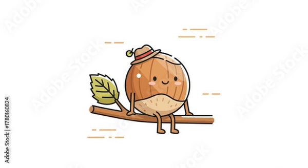 Obraz A Smiling Hazelnut Cartoon With Hat Relaxing on a Branch with a Green Leaf