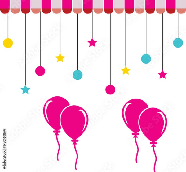 Fototapeta Colorful hanging decorations with stars and balls under a striped canopy design.