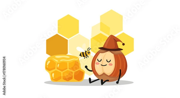 Obraz A Sweet Scene Featuring A Nut, Honey, And A Friendly Bee Composition